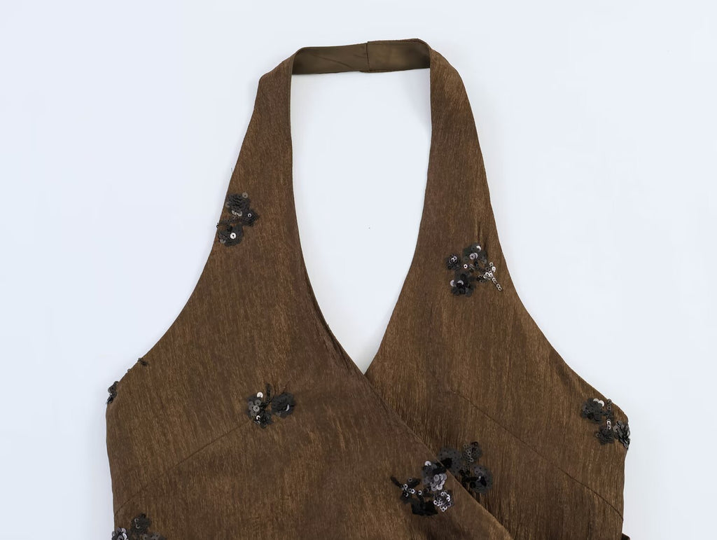 Fashionable Sequin Hanging Collar Top Pant Sets SenDa