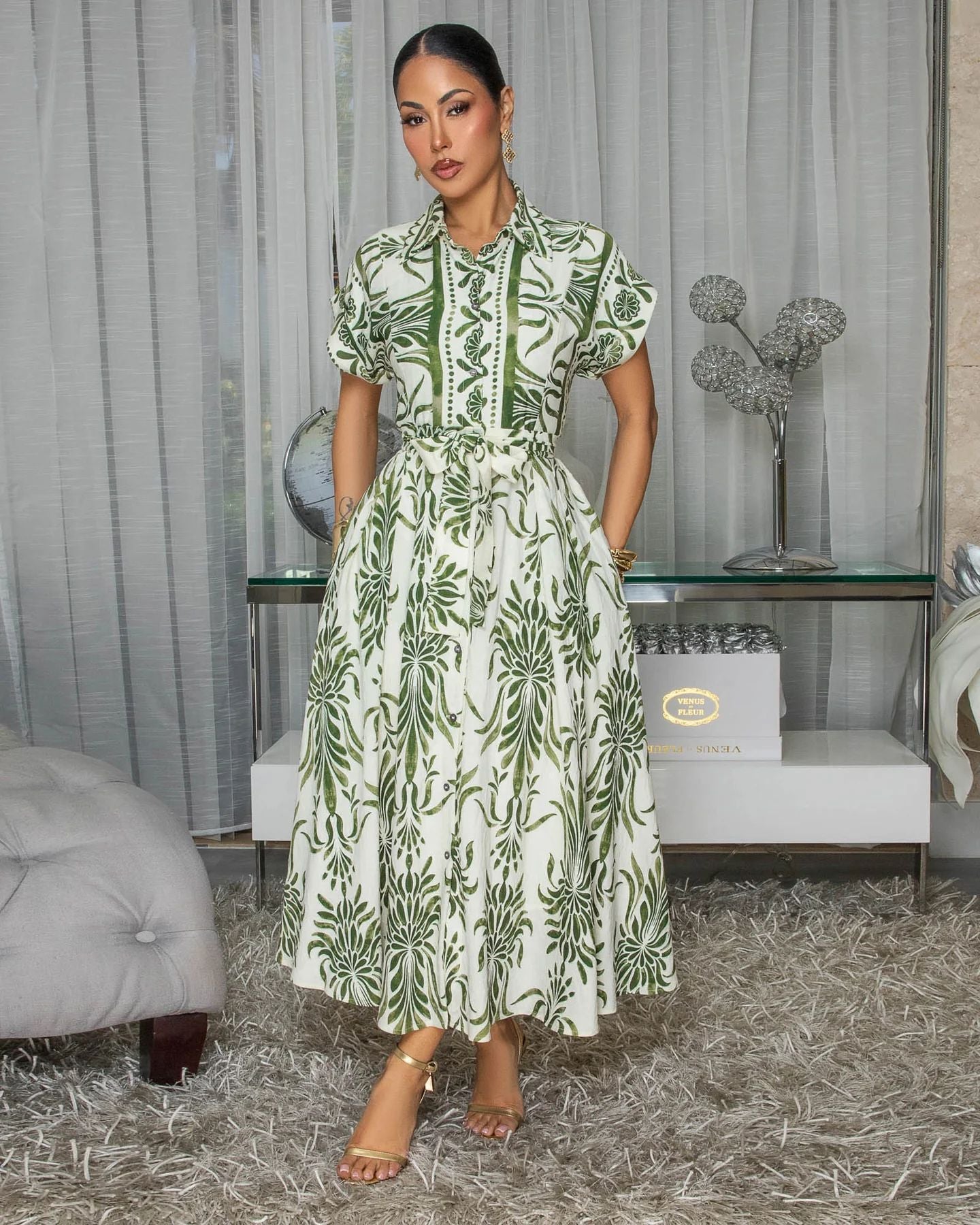 Summer Autumn Printing Collared Short Sleeve Waist Controlled Casual All Matching Slim Fit Long Shirt Dress Women Clothing NiuNiu