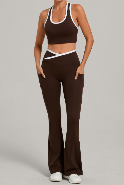 Autumn Sand Splicing Contrast Color Yoga U Collar Vest Tight Yoga Women Running Sports Fitness Two Piece Sets PeachYou