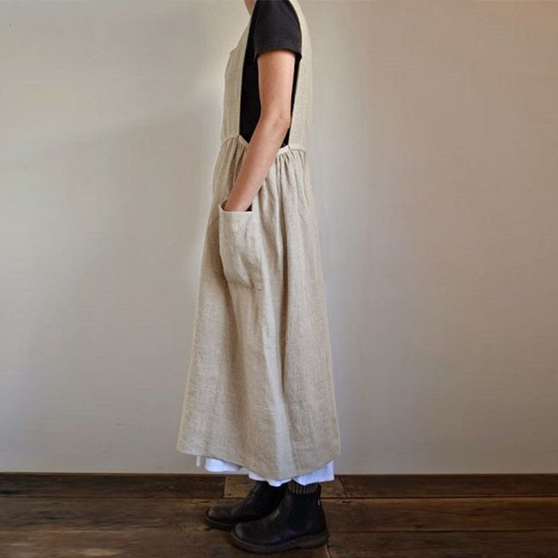 Women Cotton Linen Apron High Waist Long Circumference Home Wear Loose Maxi Dress FLOWTREE