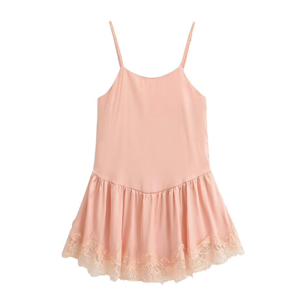 Women Clothing Summer Gentle Lace Satin Suspender Dresses TRAF