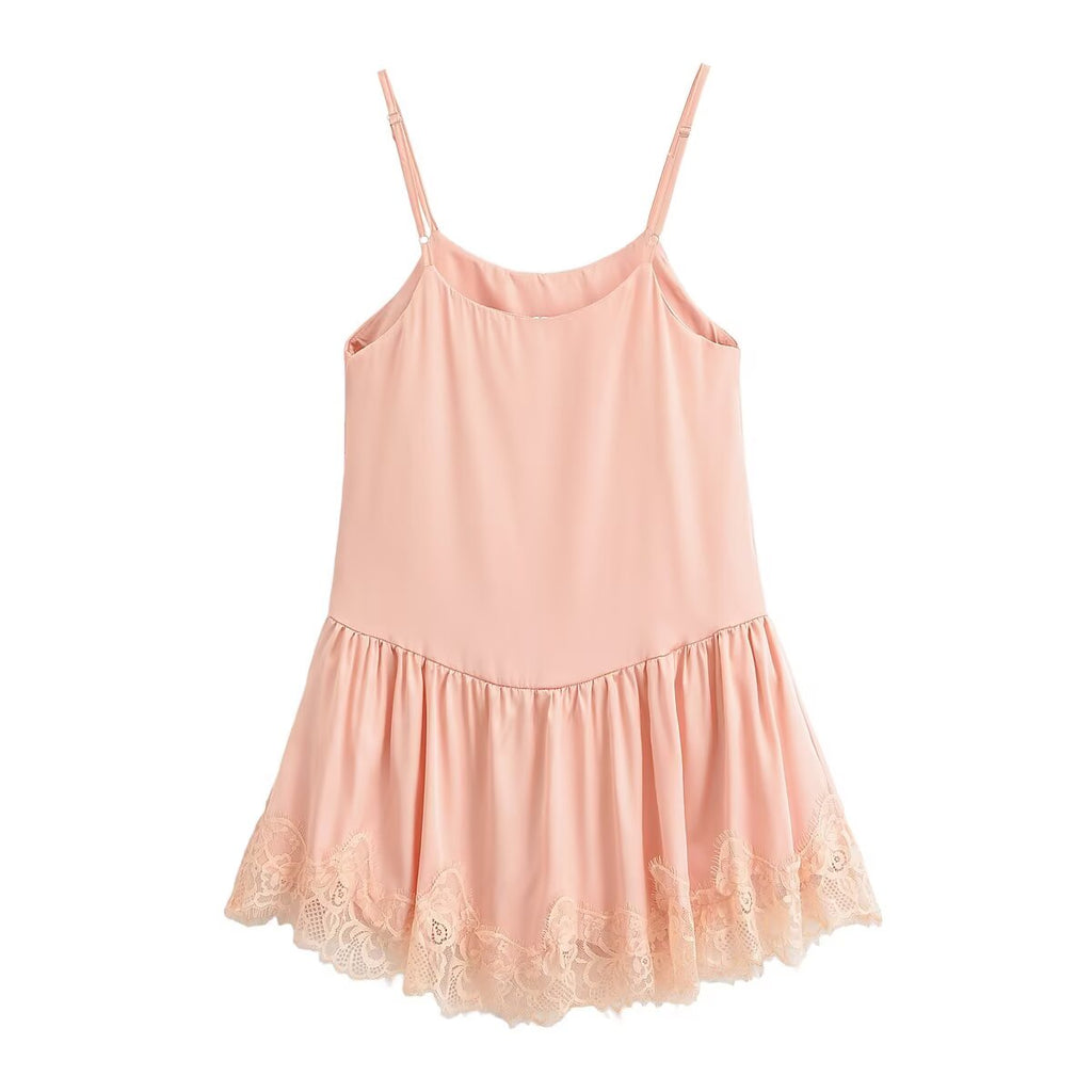 Women Clothing Summer Gentle Lace Satin Suspender Dresses TRAF