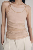 Women Clothing Summer round Neck Double Layer Silk Net Effect Sling Women Top flightCourse