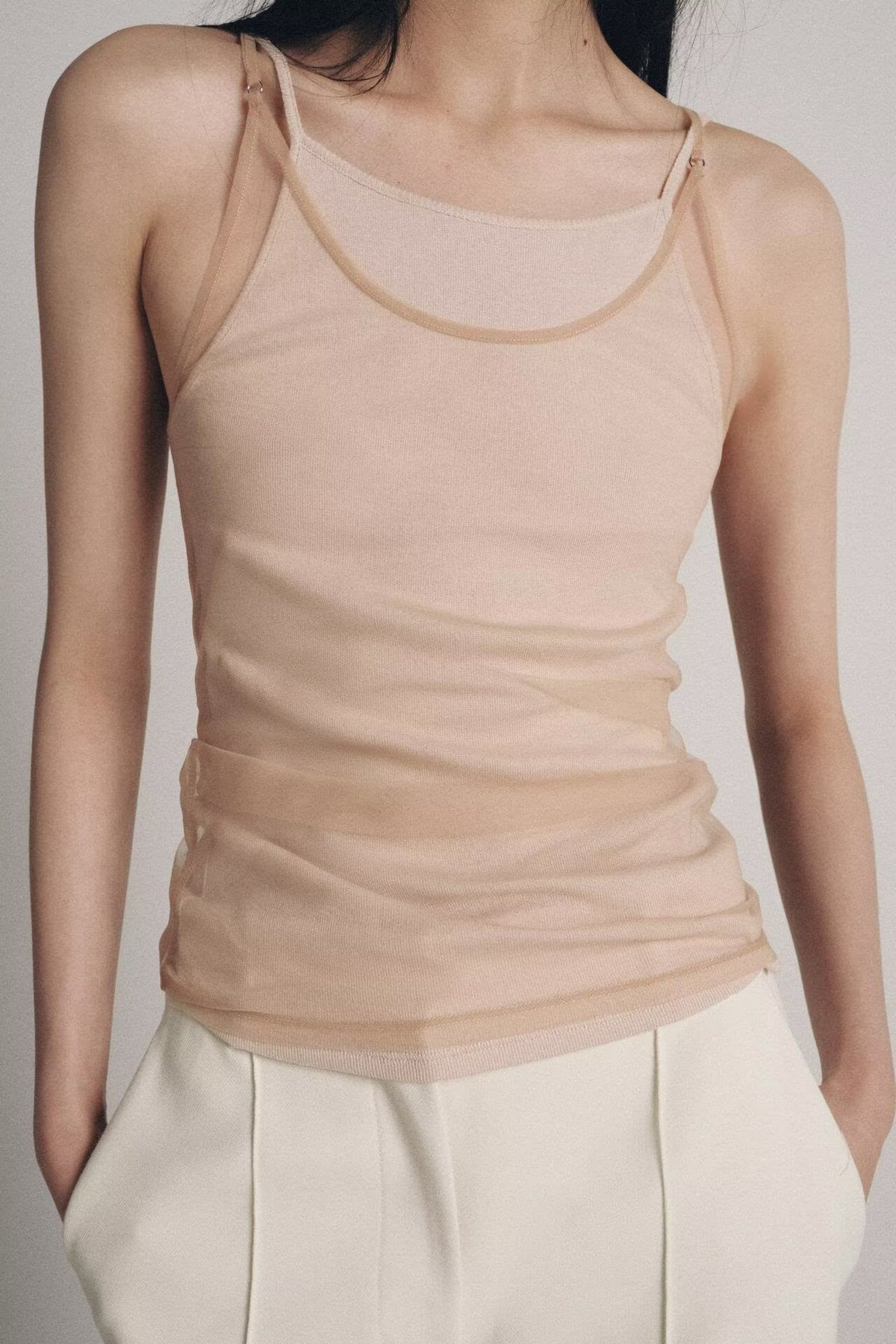 Women Clothing Summer round Neck Double Layer Silk Net Effect Sling Women Top flightCourse