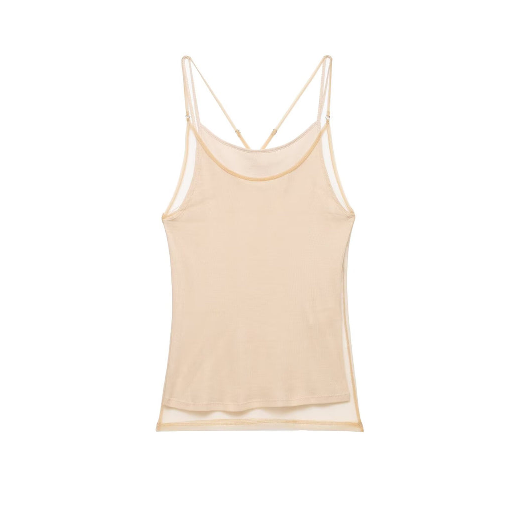 Women Clothing Summer round Neck Double Layer Silk Net Effect Sling Women Top flightCourse