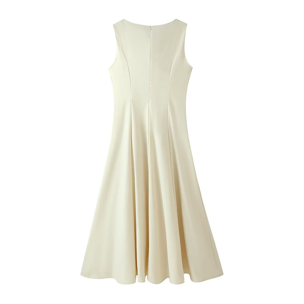Women Summer Slimming Large Hem Mid Length Round Neck Sleeveless Dress CHEN