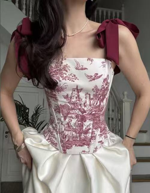 Women French Style Vintage Print Fishbone Bra Strapless Top TinkleBell