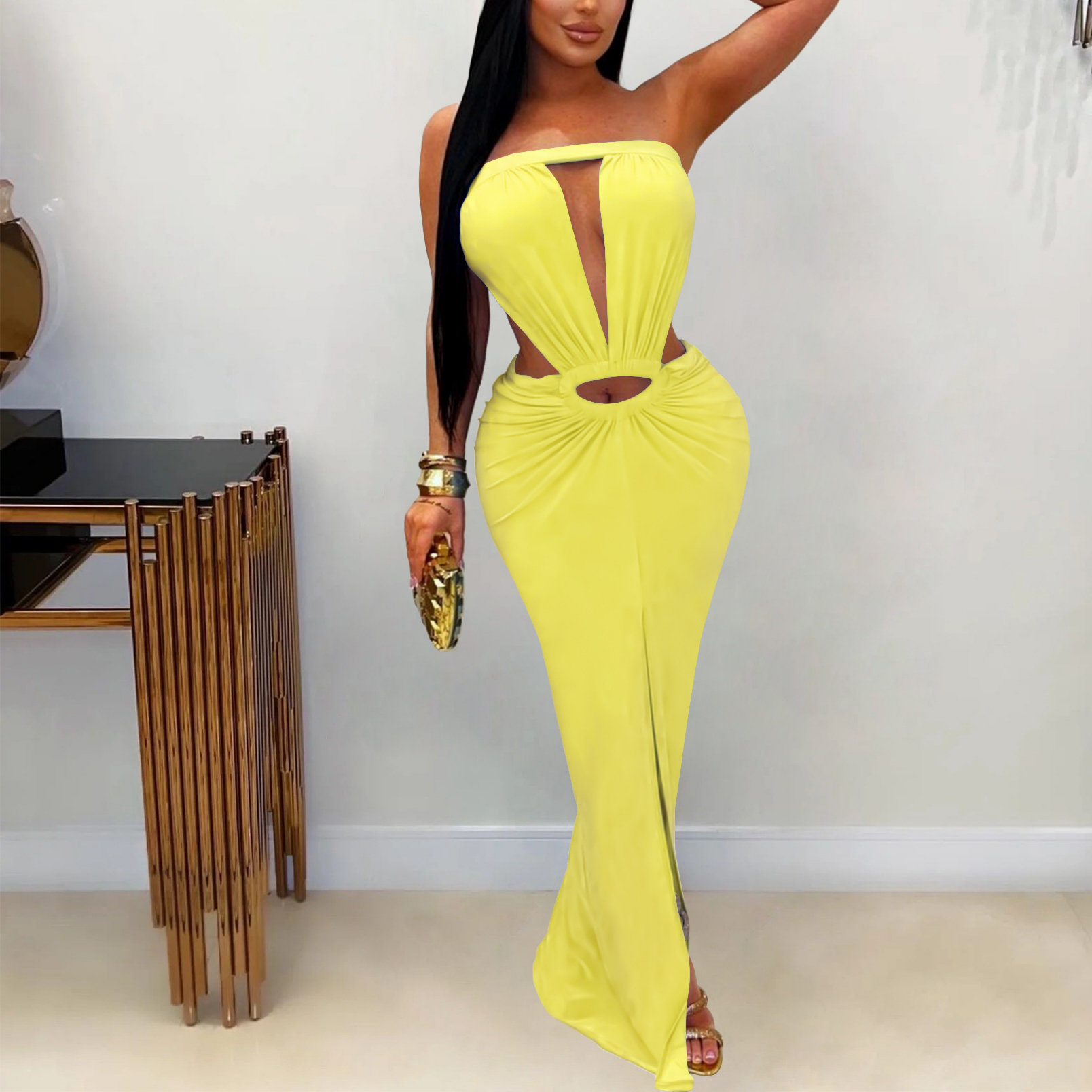 Women Wear Solid Color Backless Sexy Slit Tube Top Dress MOOYAA