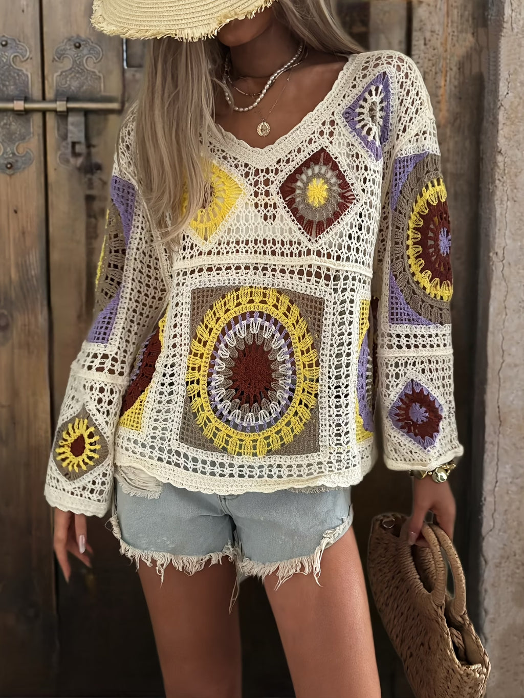 Women Hollow Colored Multi Patterned Crochet V Neck Knitted Sun Protection Turtleneck Sweater Reddy