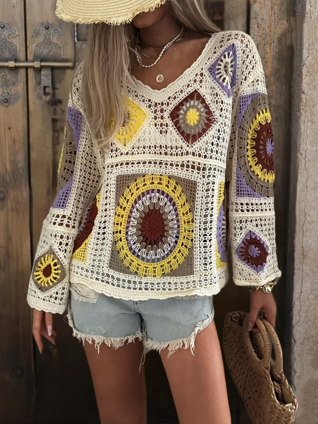 Women Hollow Colored Multi Patterned Crochet V Neck Knitted Sun Protection Turtleneck Sweater Reddy