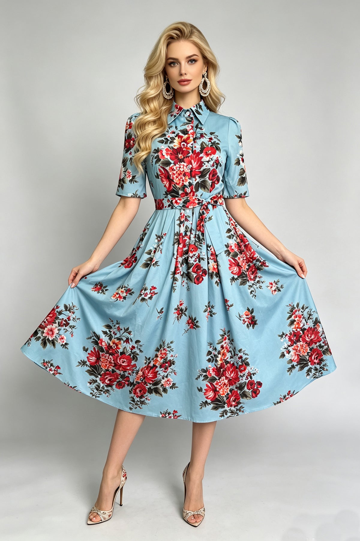 Women Summer Printed ShirtA Line Dress ESUNG