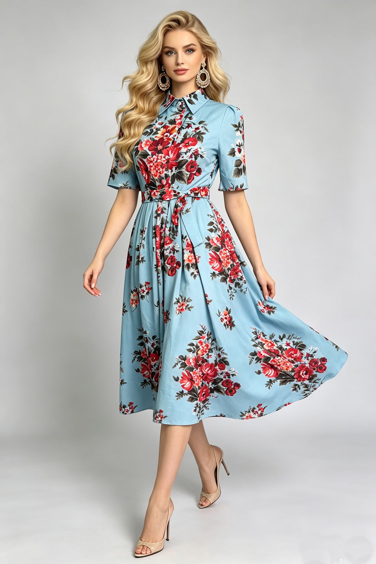 Women Summer Printed ShirtA Line Dress ESUNG
