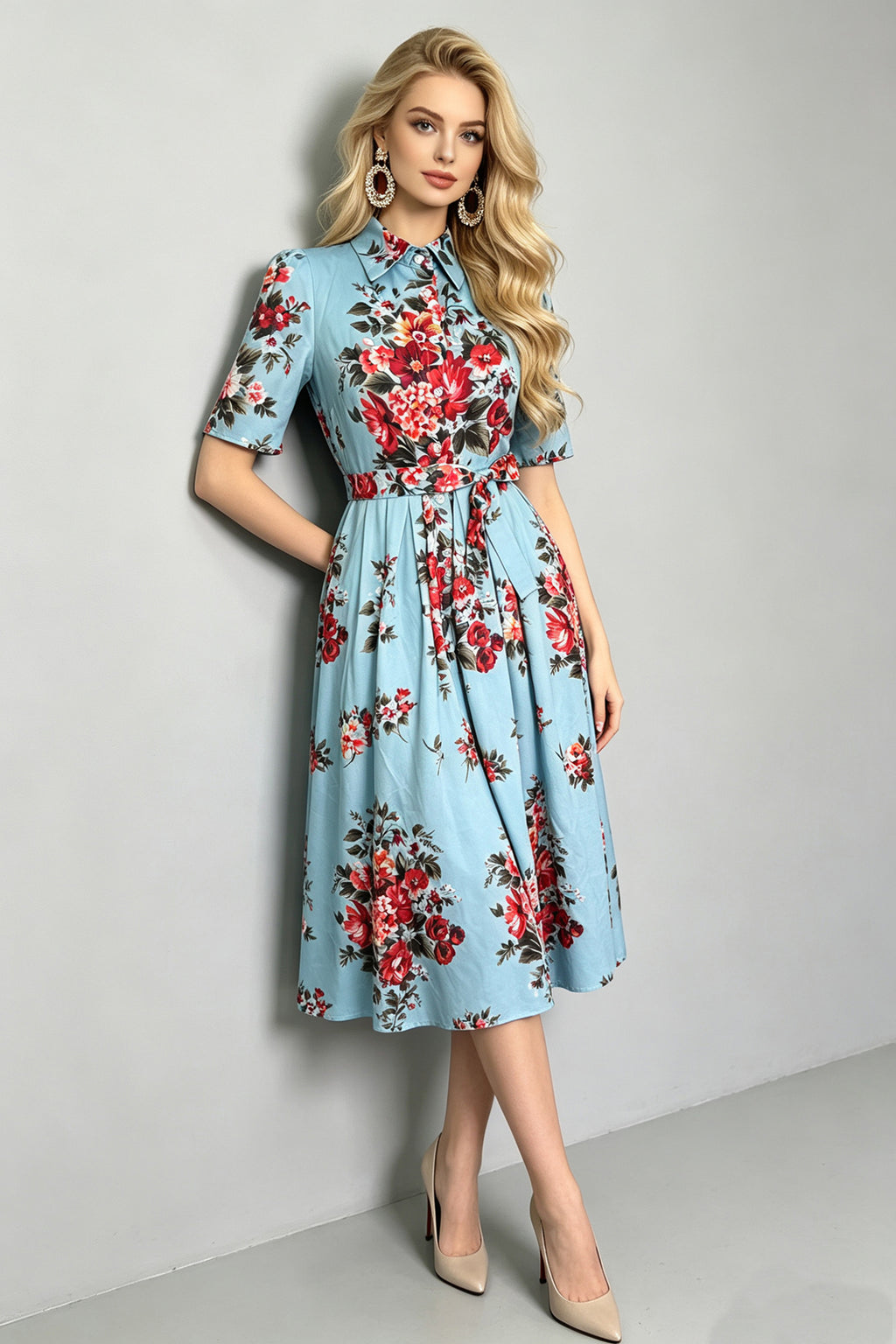 Women Summer Printed ShirtA Line Dress ESUNG