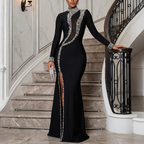 Women Clothing High Collar Long-Sleeved Dress Split Rhinestone Dress Coya