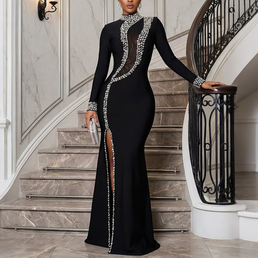 Women Clothing High Collar Long-Sleeved Dress Split Rhinestone Dress Coya