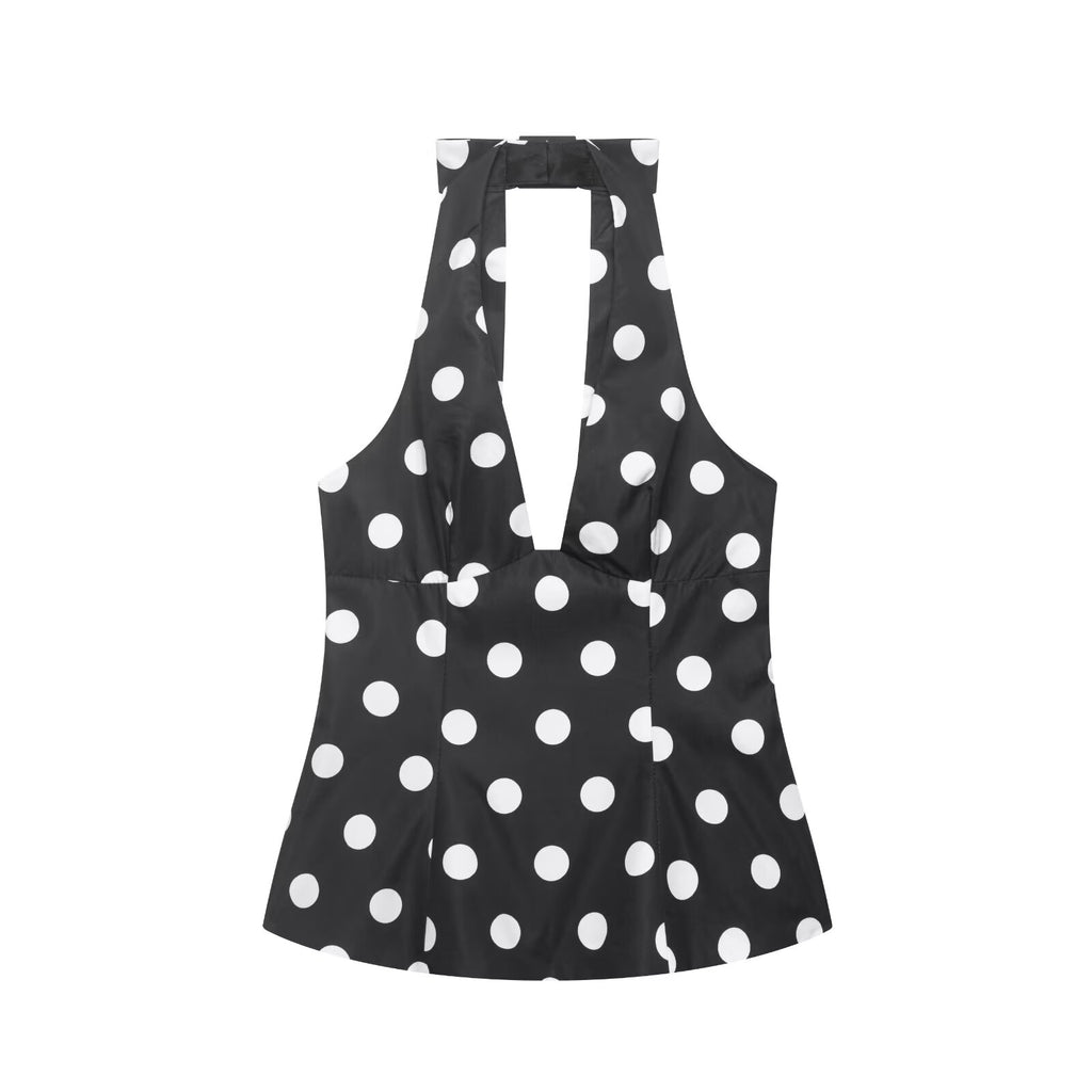 Women Clothing Summer Sexy Bowknot Decoration Polka Dot Hanging Collar Sleeveless Top flightCourse