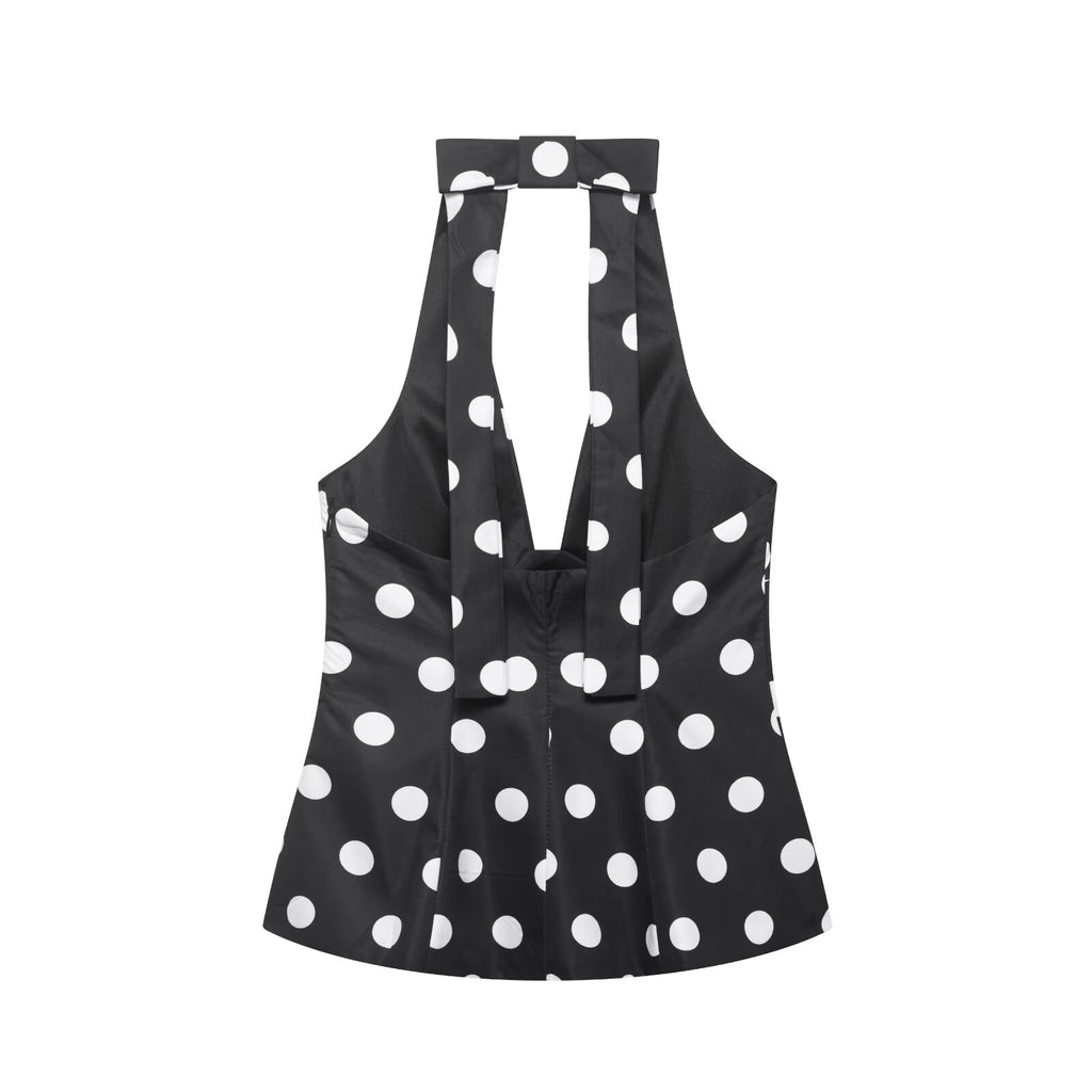 Women Clothing Summer Sexy Bowknot Decoration Polka Dot Hanging Collar Sleeveless Top flightCourse