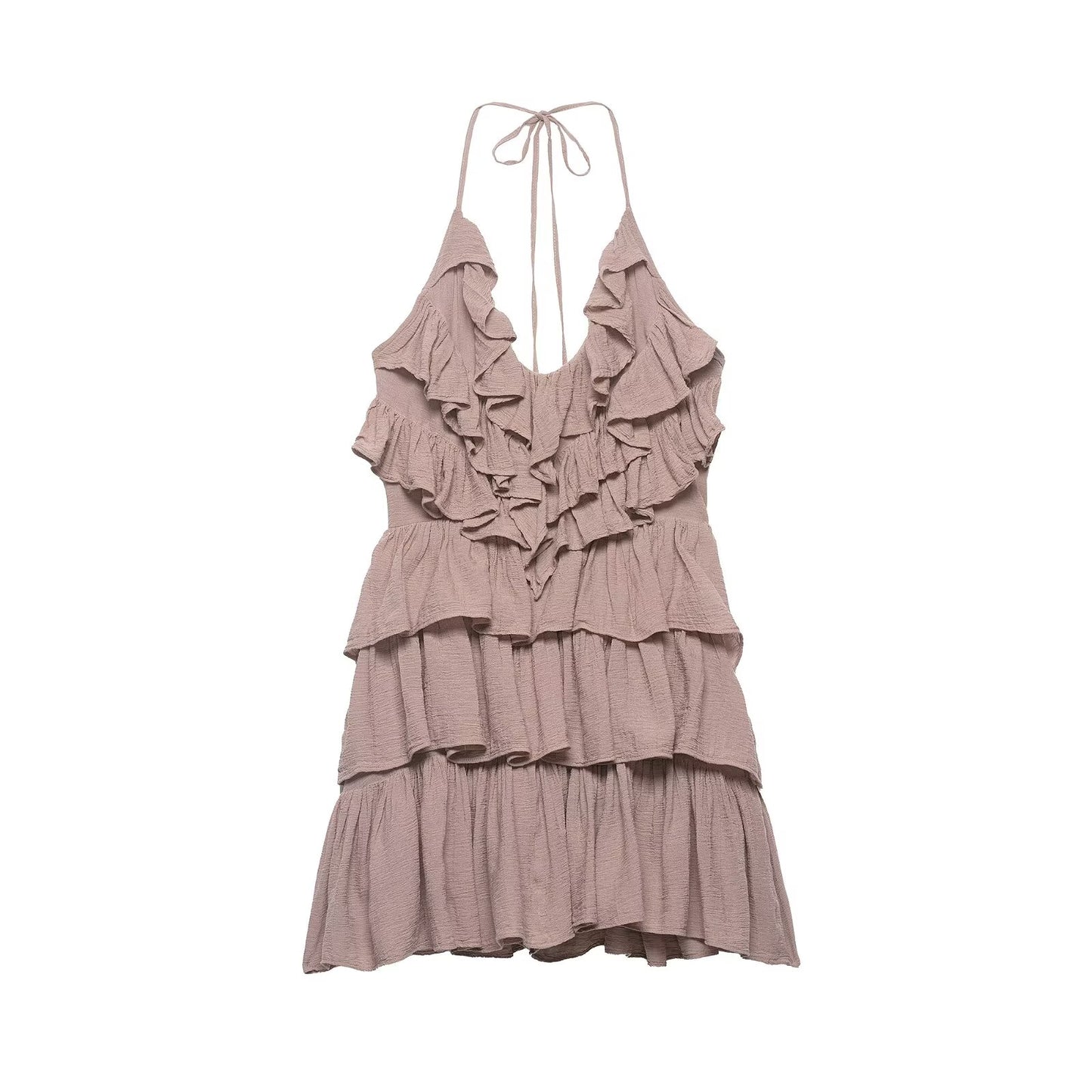 Women Clothing Summer Lace up Backless V neck Laminated Ruffled Dress flightCourse