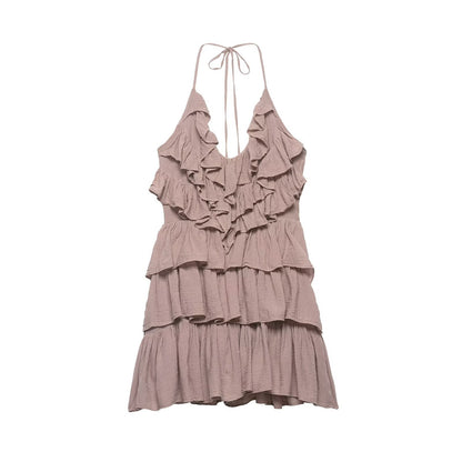 Women Clothing Summer Lace up Backless V neck Laminated Ruffled Dress flightCourse