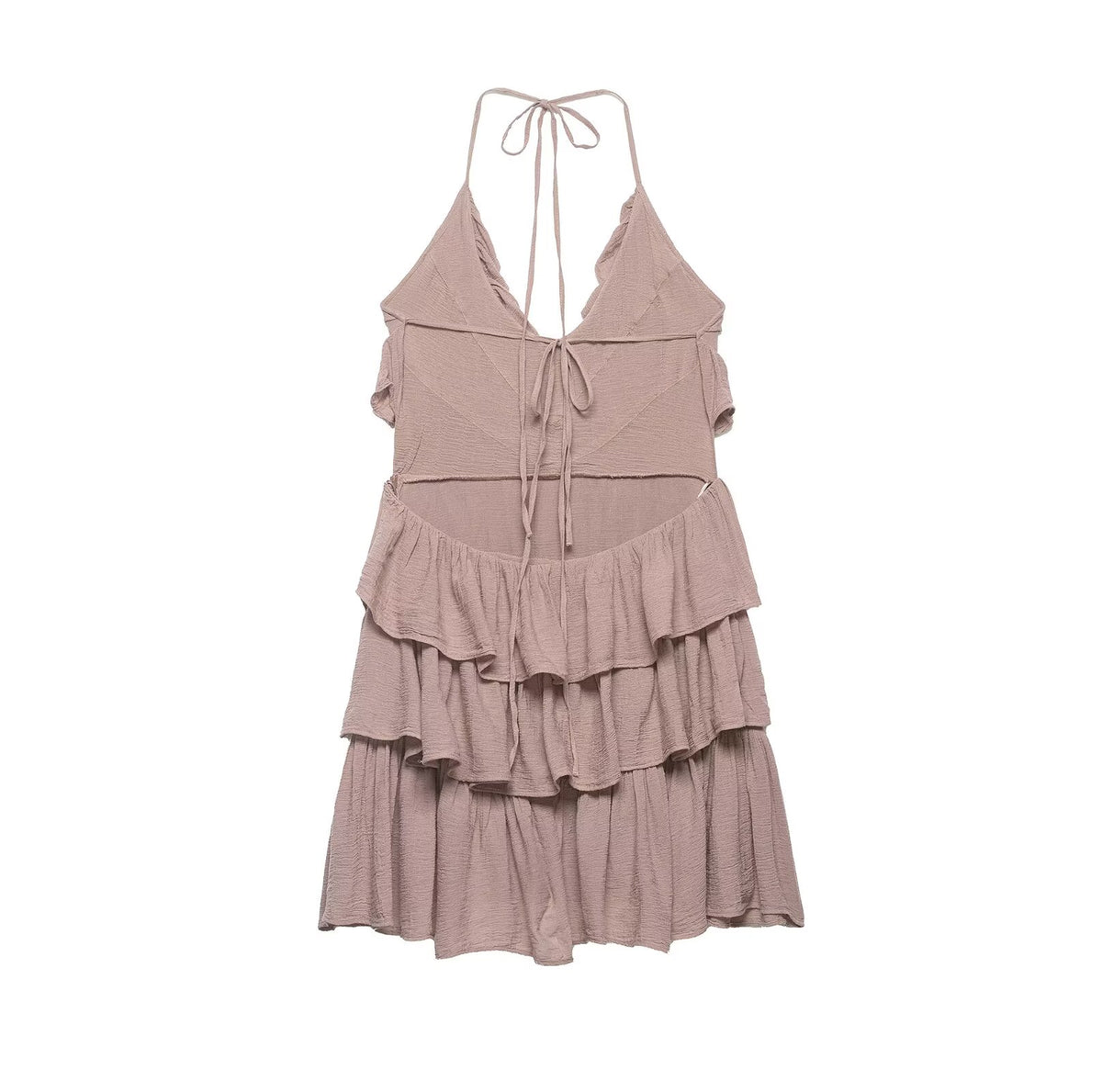 Women Clothing Summer Lace up Backless V neck Laminated Ruffled Dress flightCourse
