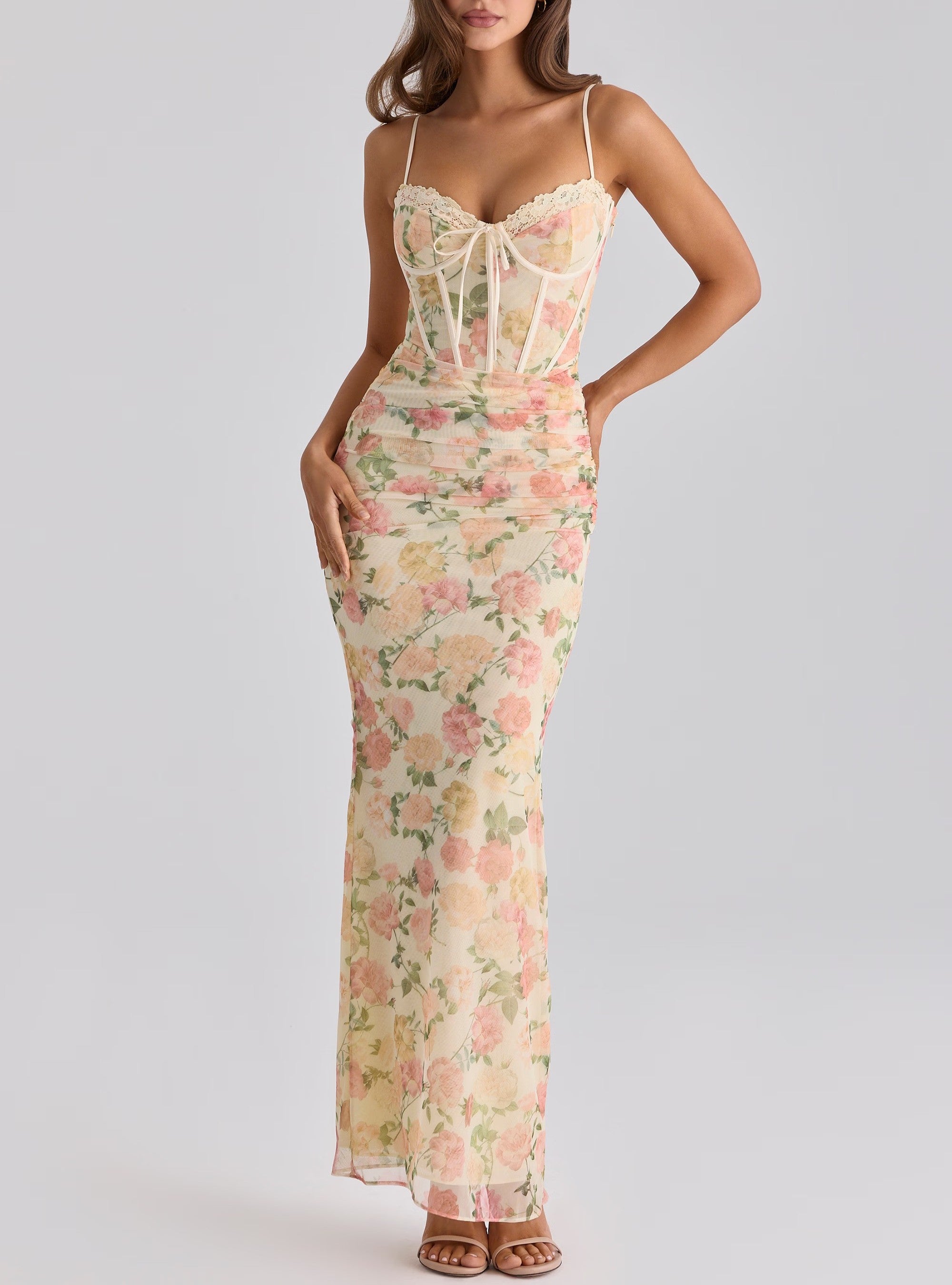 Women Clothing Summer Exquisite Charming Peach Color Boning Corset Waist Maxi Dress TinkleBell