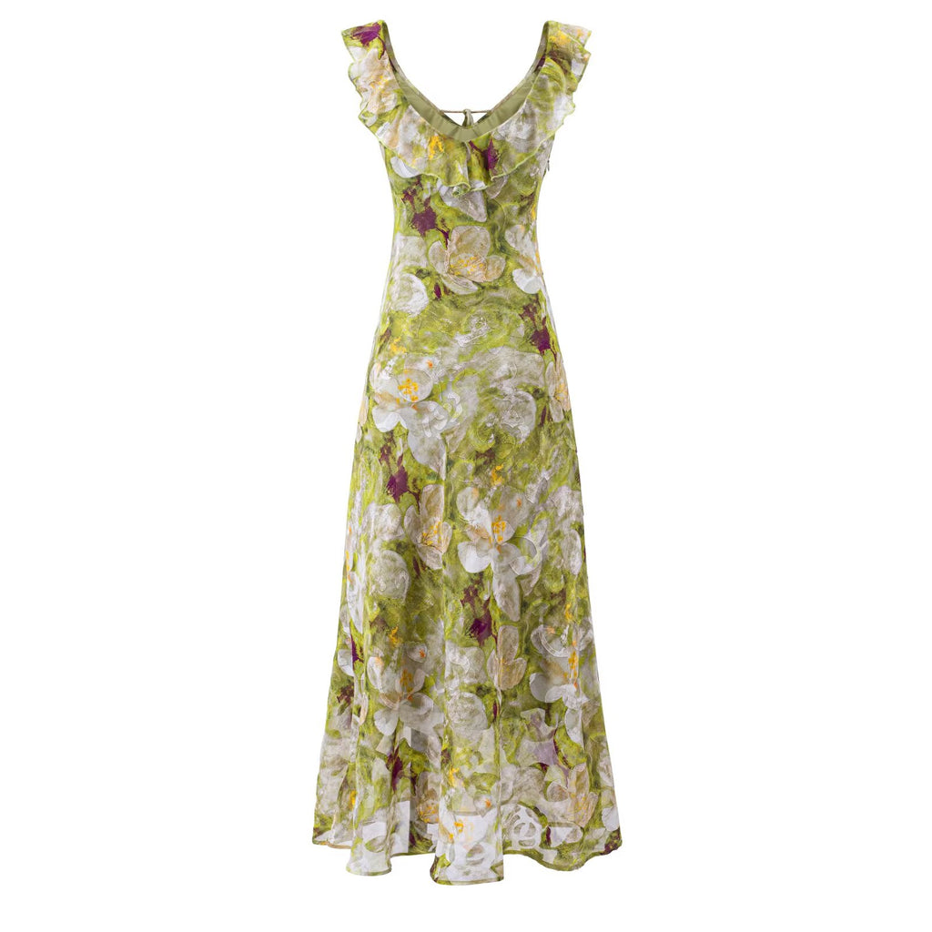 Summer Vintage Fresh Romantic Seaside Vacation Flounced Hem Floral Maxi Dress Slim Fit Dress PullWind