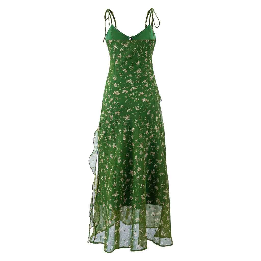 Summer Vintage Fresh Gentle Ruffled Floral Dress Slim Fit Figure Flattering Cami Dress PullWind