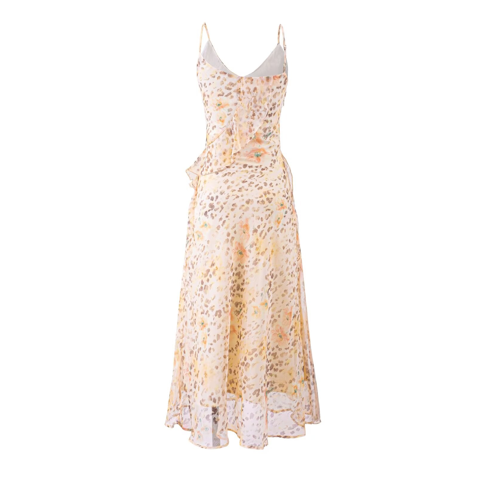 Summer Gentle Ruffled Design Niche Leopard Print Maxi Dress Slim Fit Strap Dress PullWind