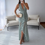 Women Clothing Spring Summer Slim Dress Halterneck Printed Lace up Coya