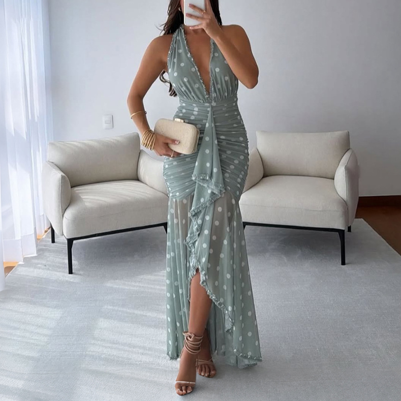 Women Clothing Spring Summer Slim Dress Halterneck Printed Lace up Coya
