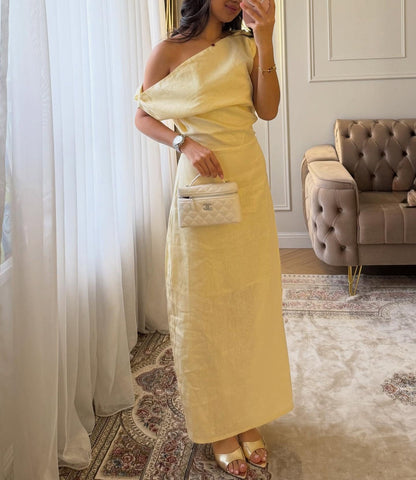 Women Slanted Shoulder One Shoulder Sleeveless Waist Cinching Long Dress JuneMade