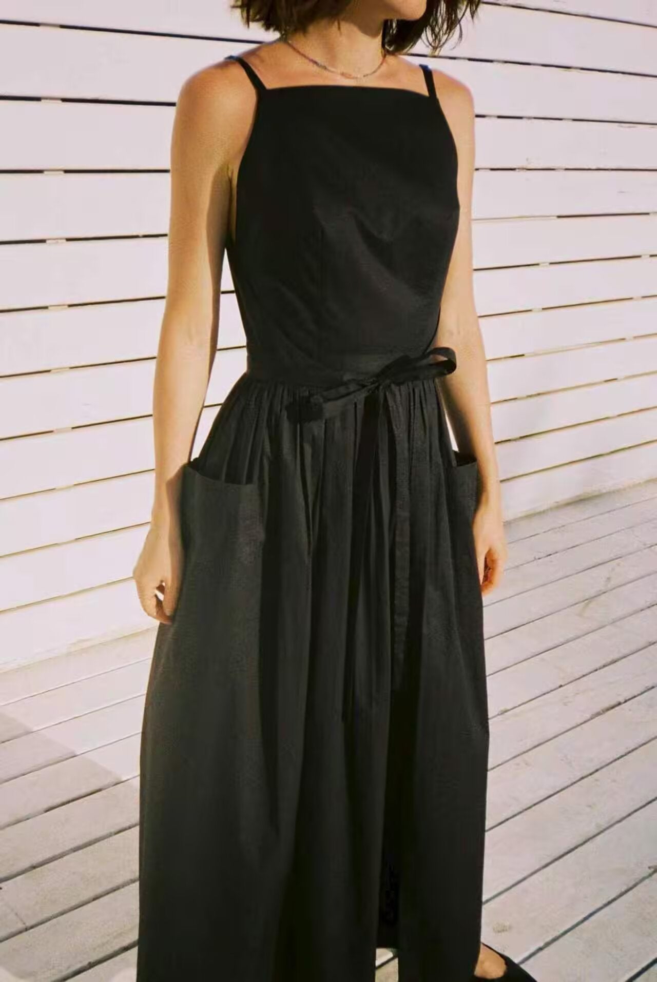 Women Tube Top Solid Color Lace up Dress Personality Cute Pocket Decoration Cami Dress JiaJia