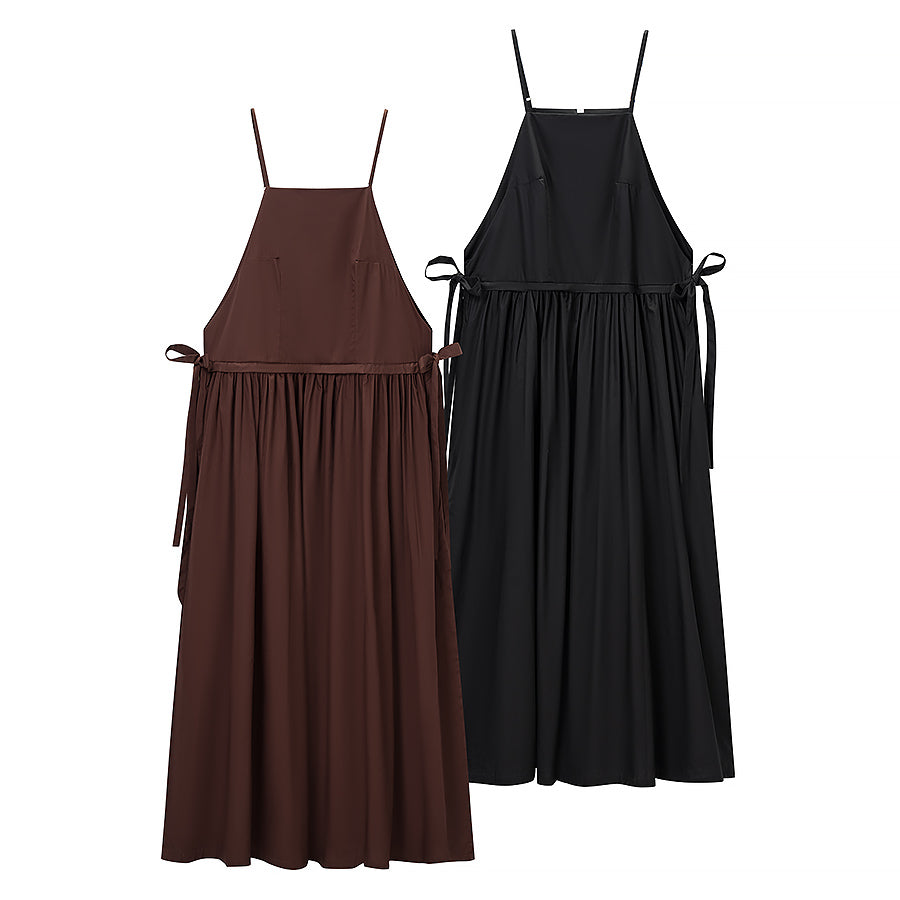 Women Tube Top Solid Color Lace up Dress Personality Cute Pocket Decoration Cami Dress JiaJia