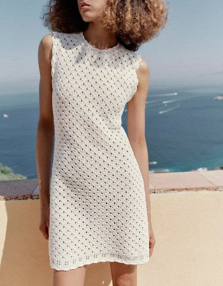 Women Clothing Summer Sleeveless Popular Hollow Out Cutout Knitted Mini Dress Shell