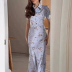 Women Summer Simple Waist Trimming Printing Collared Button Short Sleeve Dress JuneMade