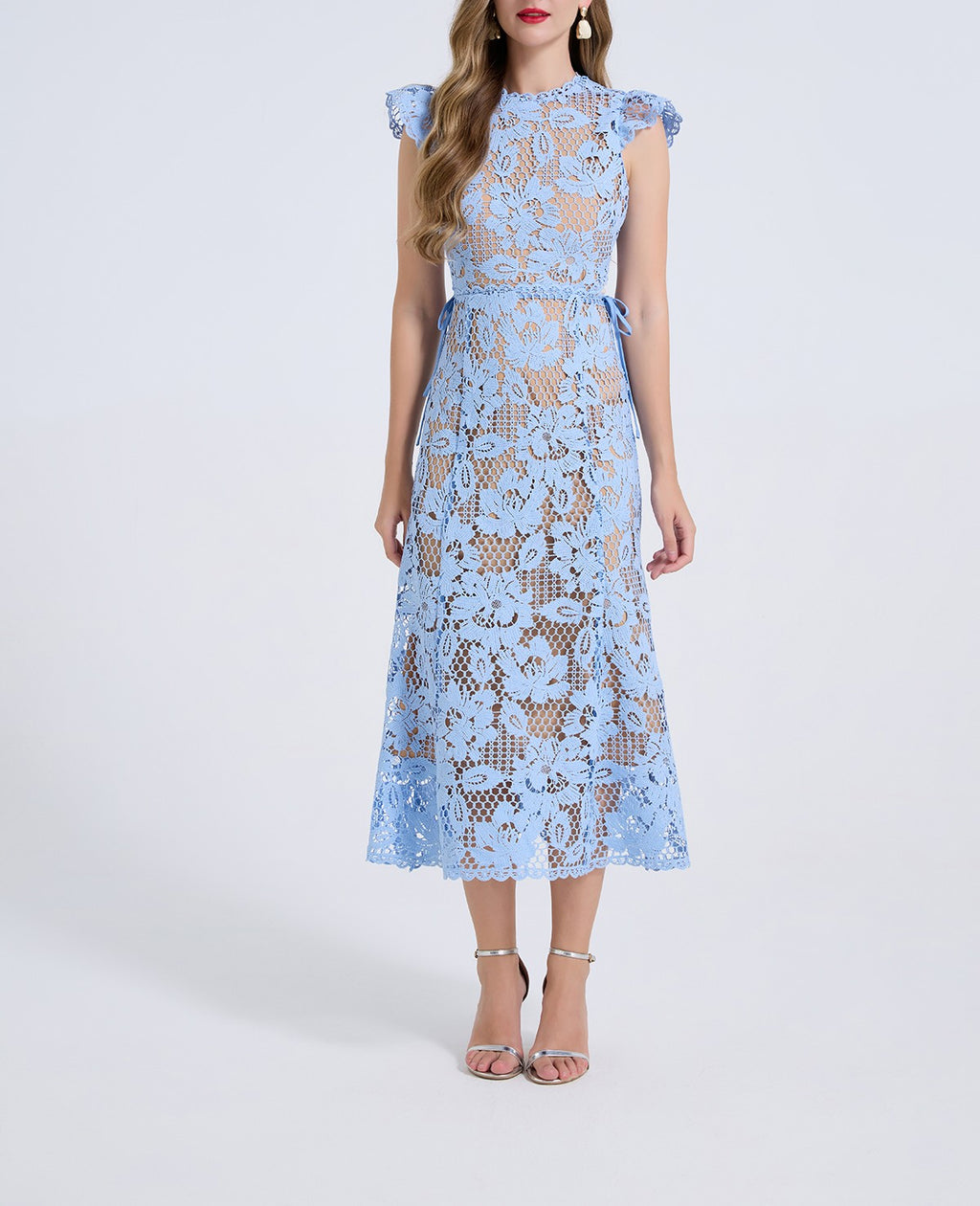 Women Water Soluble Lace Round Necked Floral Print Flared Sleeve Open Back High Waisted Dress Figure Hugging Dress ESUNG