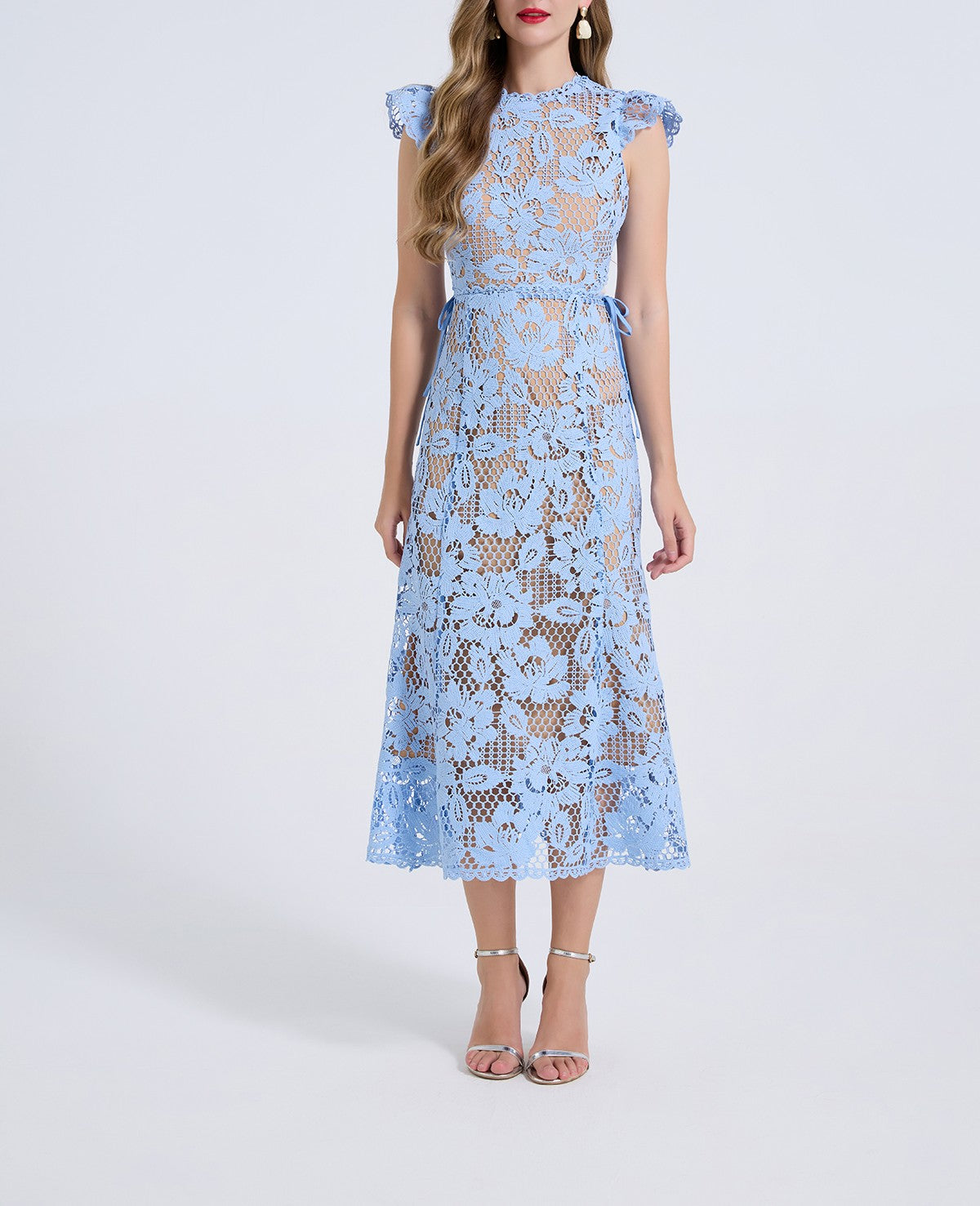 Women Water Soluble Lace Round Necked Floral Print Flared Sleeve Open Back High Waisted Dress Figure Hugging Dress ESUNG