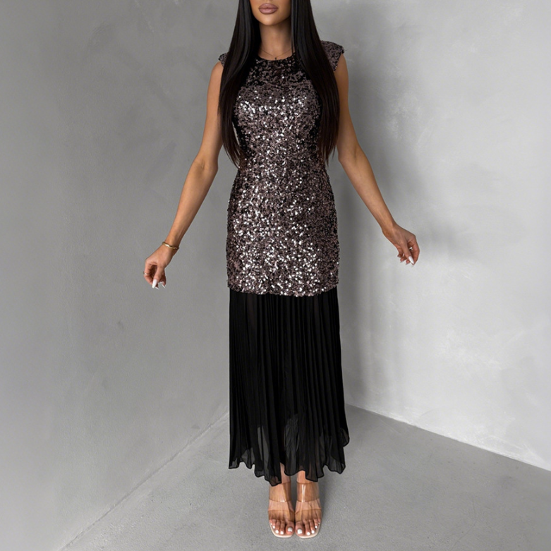 Sexy Sleeveless round Neck Velvet Sequin Chiffon Patchwork Dress Maxi Dress Party Dress Coya