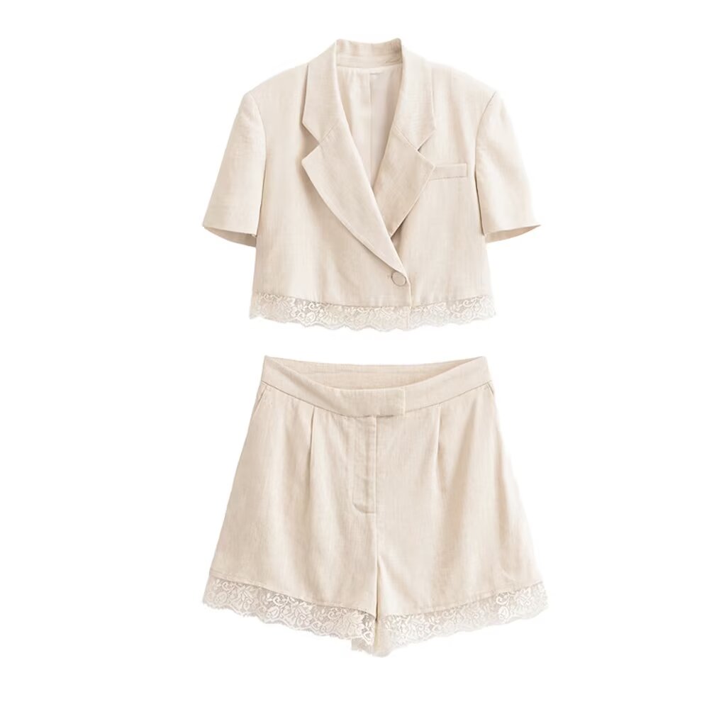 Women Clothing Lace Short Blazer Lace Pleated Casual Shorts TRAF