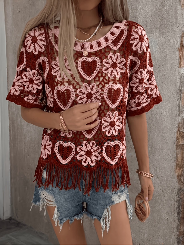 Women Summer Hook Patterned Open Work Round Neck Pullover Fringed Knitted Sweater Reddy