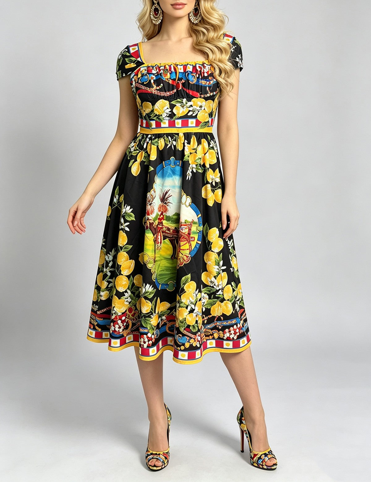 Women Oil Painted Floral High Waisted Pleated Halter Bodycon Dress With Square Neckline And Flared A Line Dress ESUNG