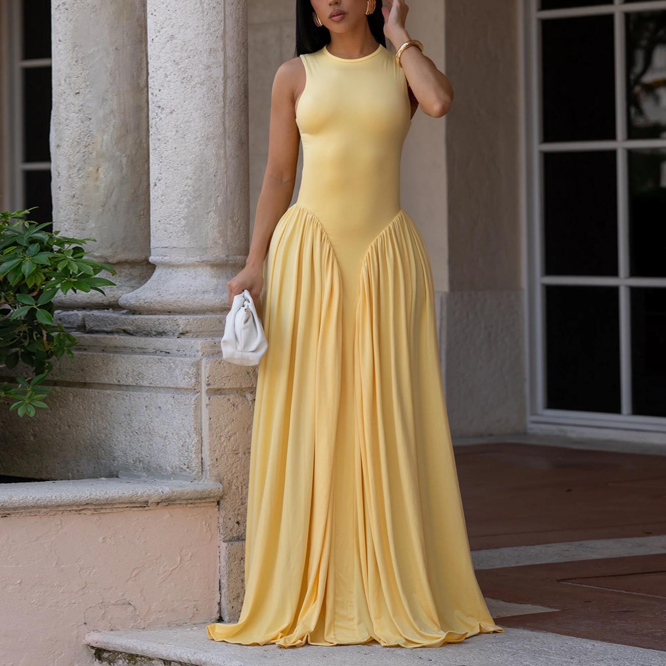 Women Wear Elegant Solid Color round Neck Sleeveless Dress Miss Siss