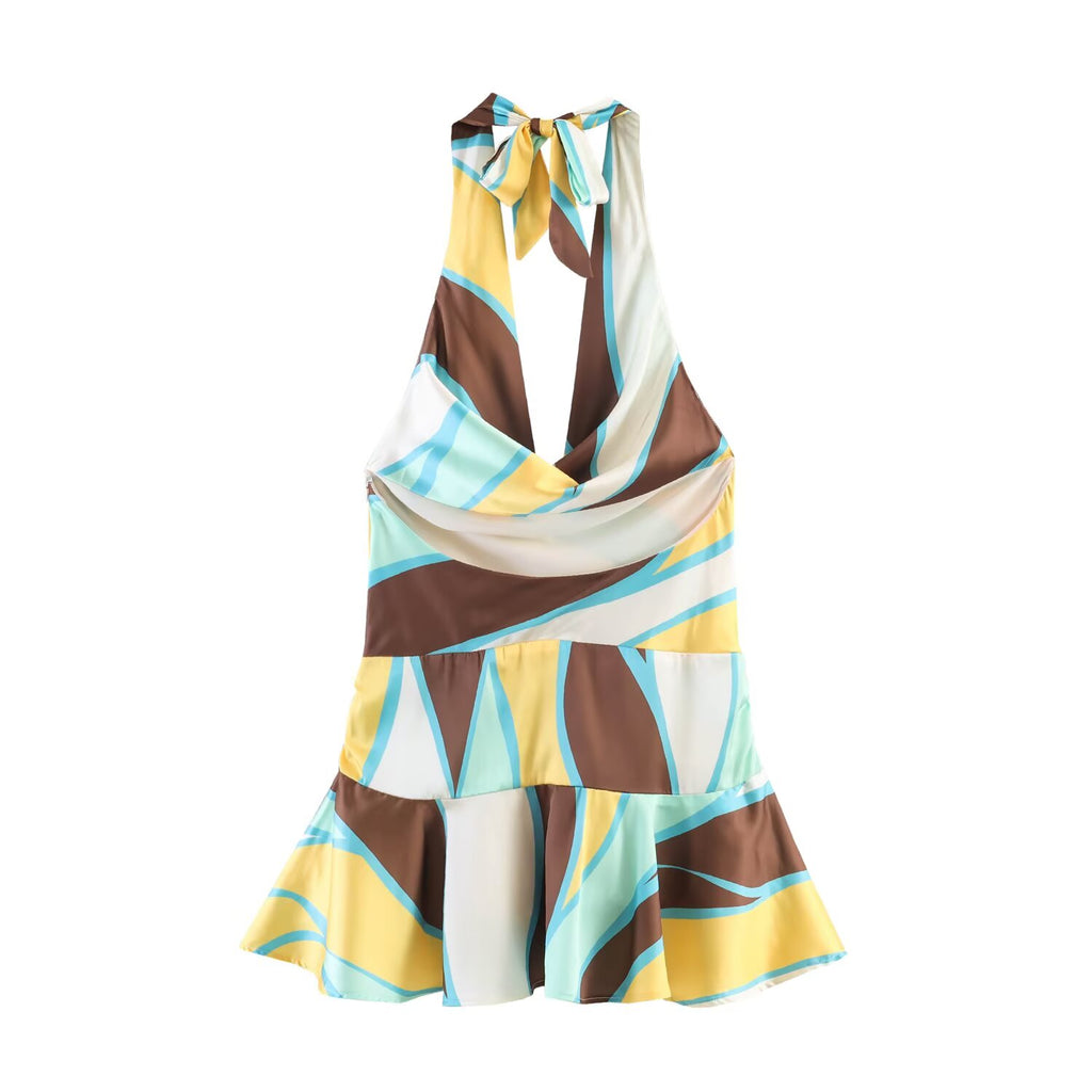Women Clothing Slim Print Pleated Hanging Collar Dress Goyo