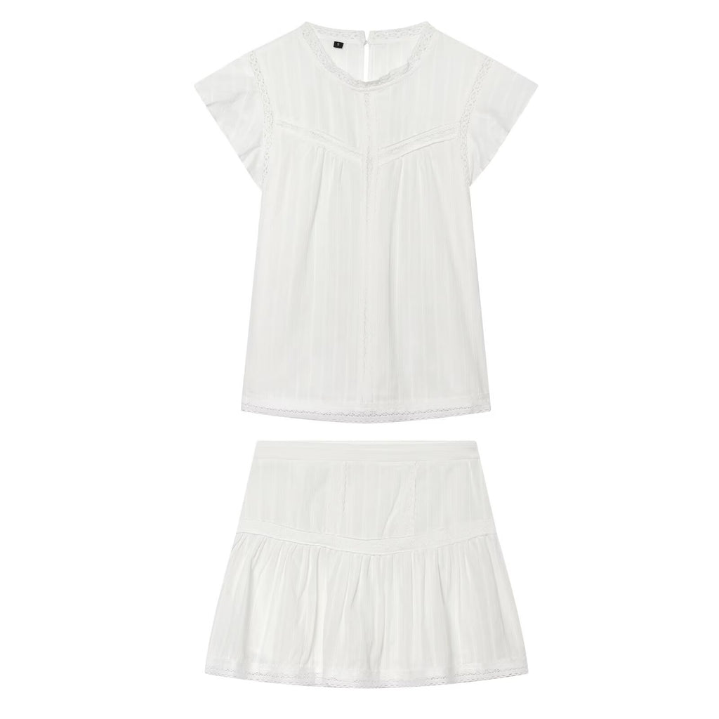 Women Clothing Sexy Romantic Vertical Lace Sleeveless Shirt Lace Skirt Two Piece Set Howe