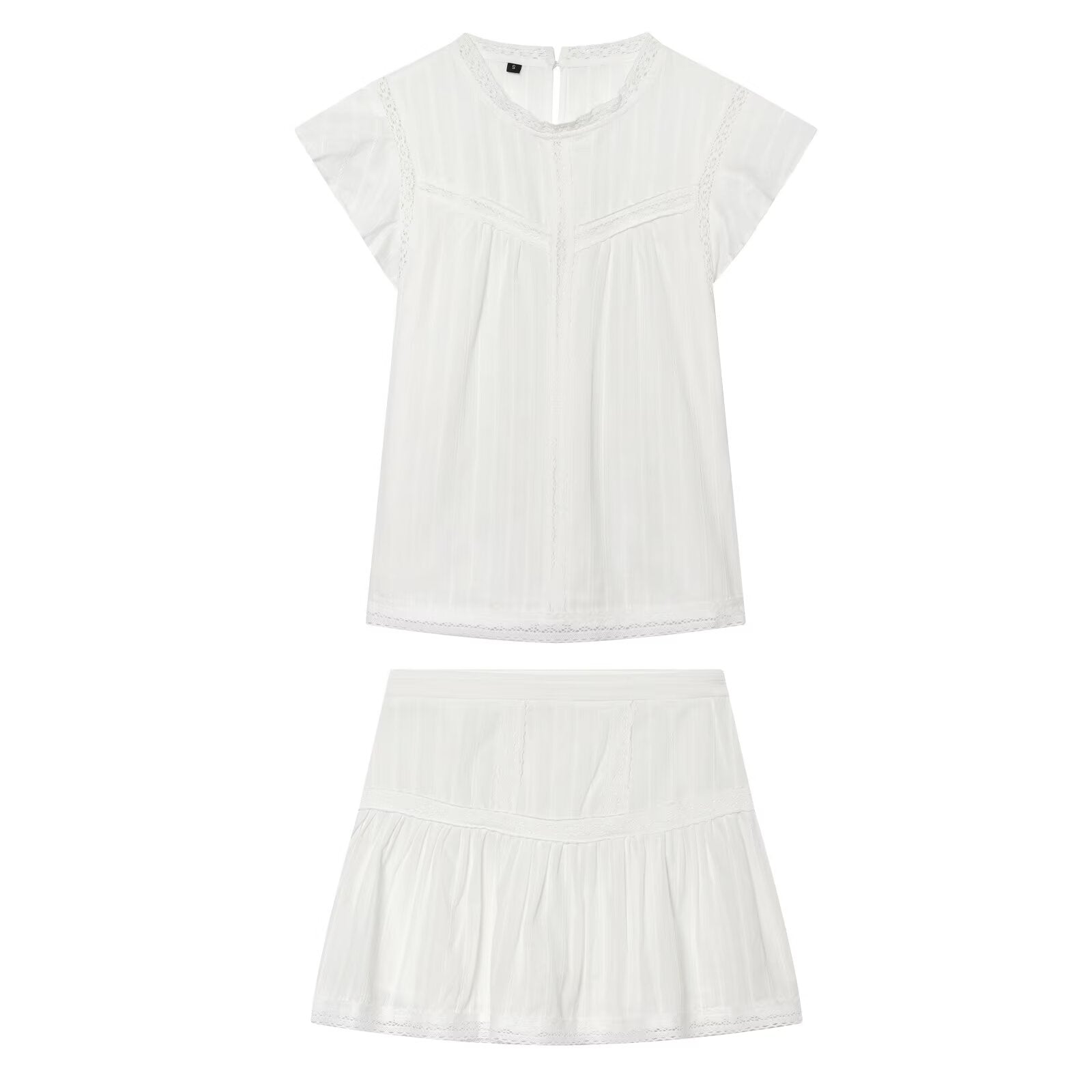 Women Clothing Sexy Romantic Vertical Lace Sleeveless Shirt Lace Skirt Two Piece Set Howe
