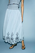 Women Clothing Summer Fashionable Lace Embroidered Plaid Midi Skirt Howe