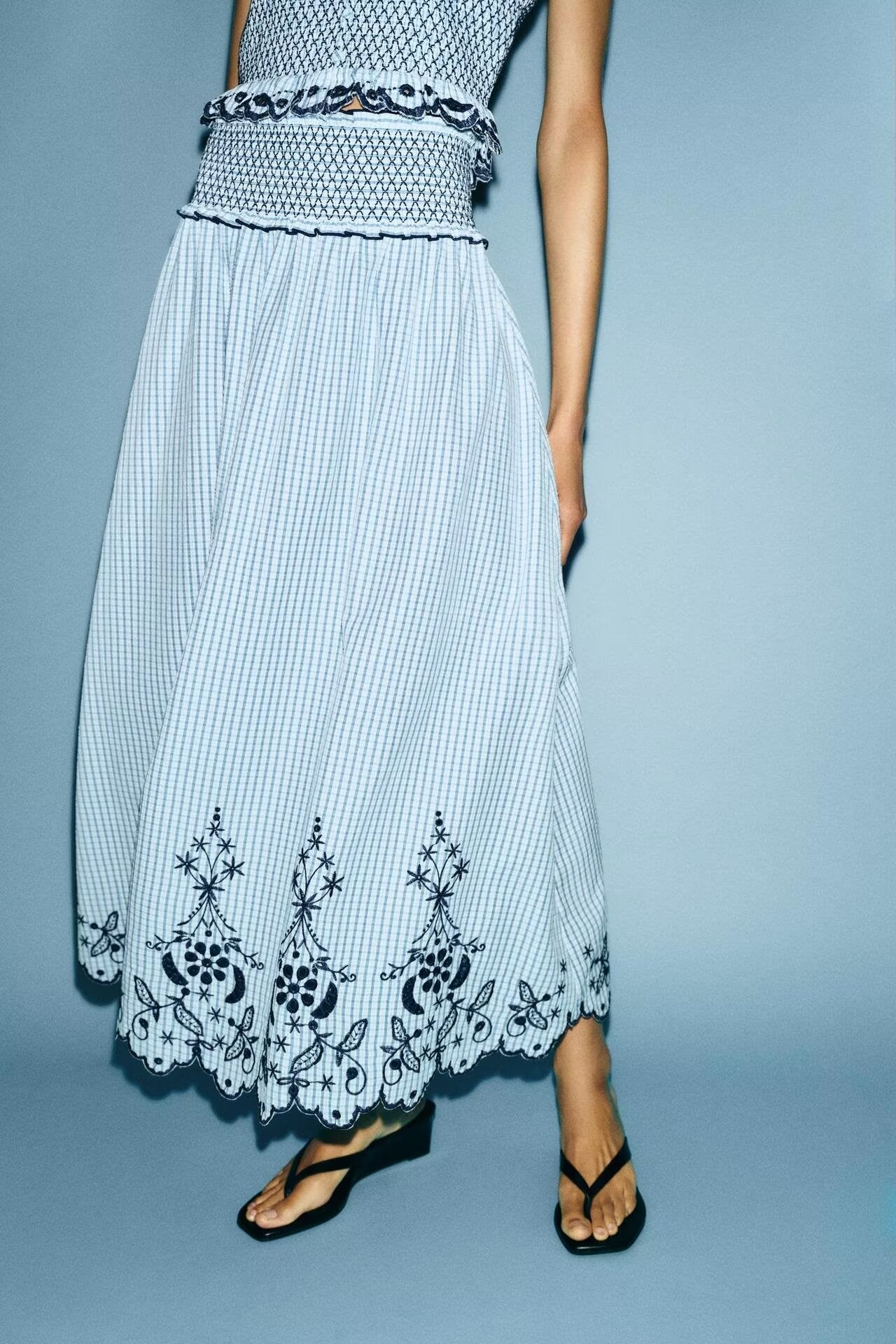 Women Clothing Summer Fashionable Lace Embroidered Plaid Midi Skirt Howe
