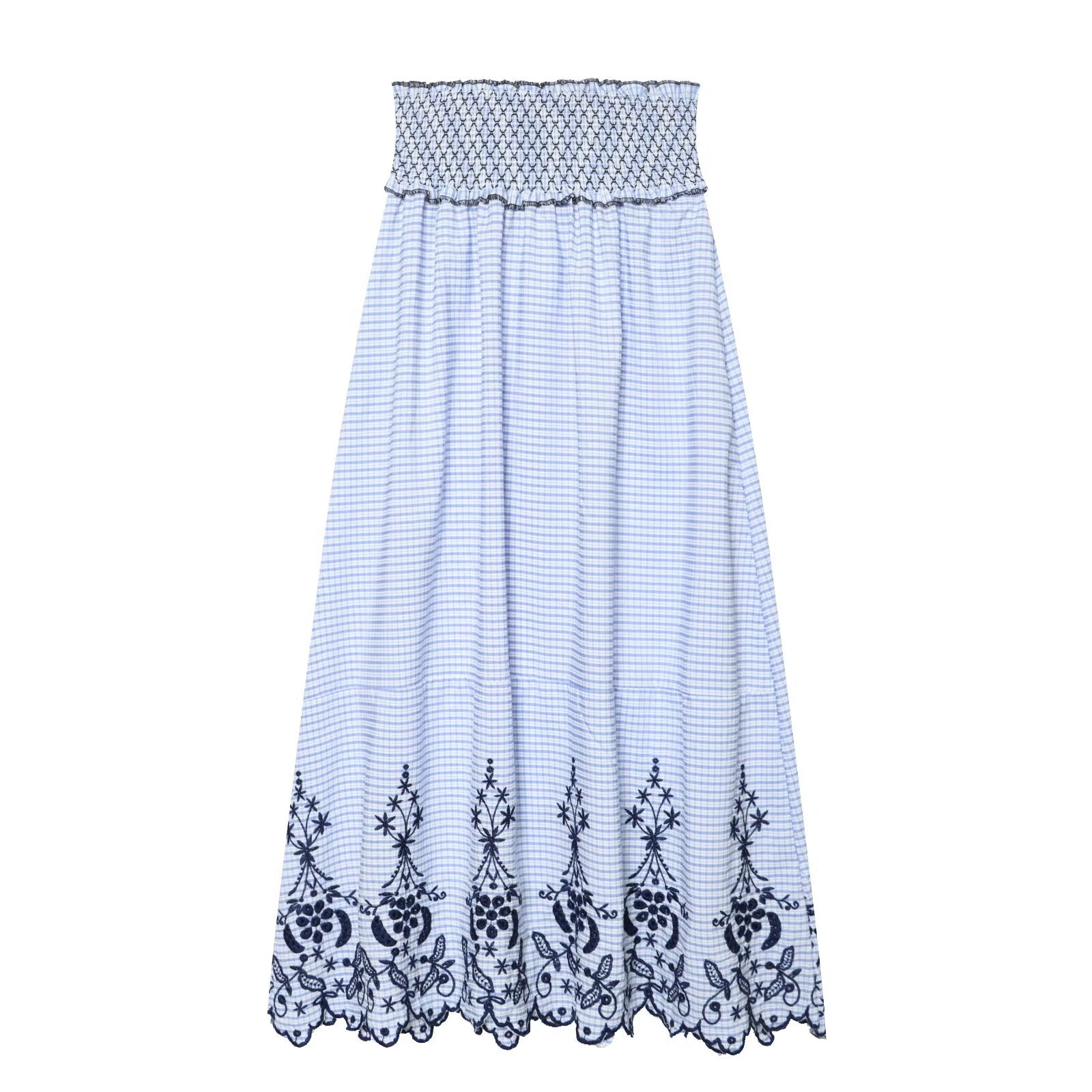 Women Clothing Summer Fashionable Lace Embroidered Plaid Midi Skirt Howe