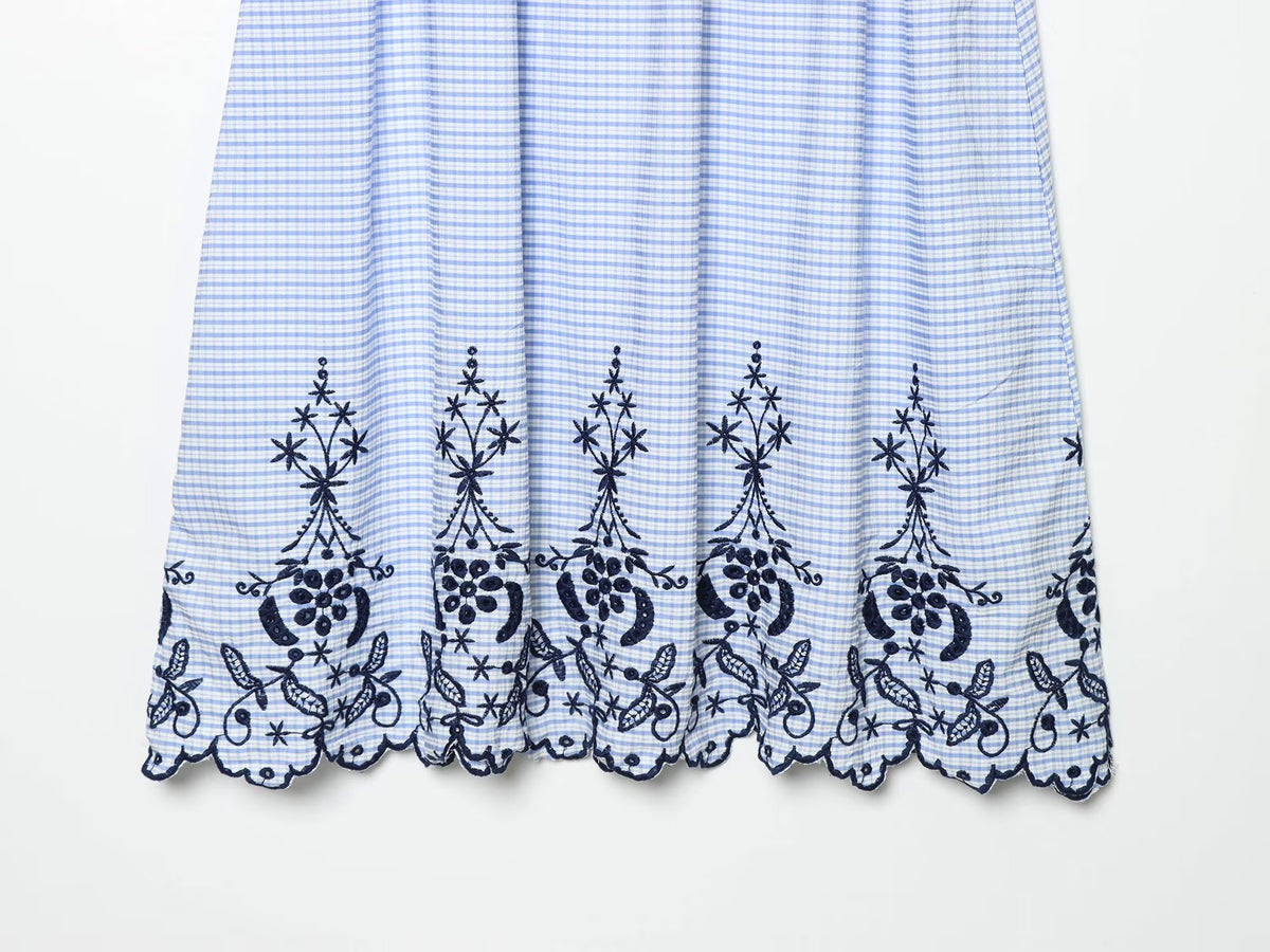Women Clothing Summer Fashionable Lace Embroidered Plaid Midi Skirt Howe