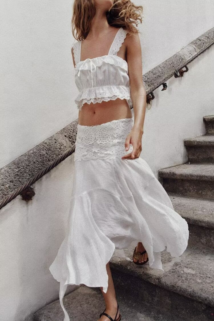 Hollow Out Cutout Embroidered Short Top Embroidery Asymmetric Midi Skirt Sets Howe